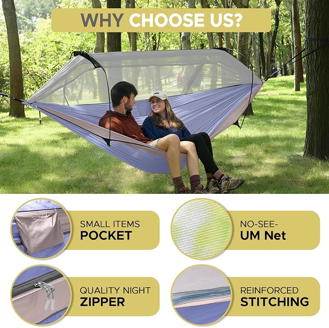 Sunyear Camping Hammock Tent - Portable Hammocks with Mosquito Net (Single/Double, 500lbs Capacity) - Spacious & Anti-Rollover Design with 2 Tree Straps for Hiking, Backpacking, Indoor/Outdoor Use