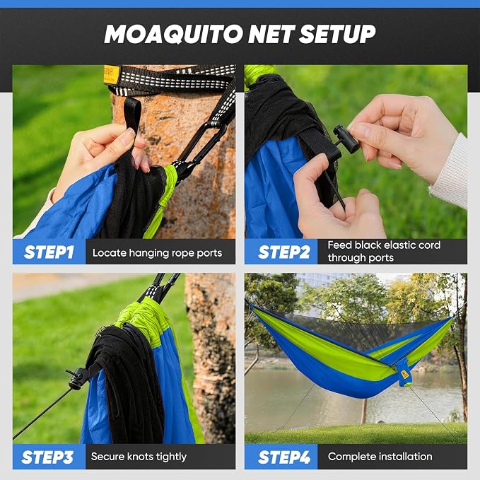Kids Camping Hammock with Mosquito Net, 450 lbs Portable Hammock with Tree Straps, 2-in-1 Double/Single Travel Hammocks for Children, Hammock for Outside/Indoor/Backpacking/Beach - Lake Blue & Green