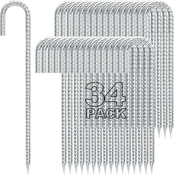 Homwin 12 inches Tent Stakes Heavy Duty 34-Pack, 5/16" Diameter J Hook Fence Stakes Rebar Ground Stake for Inflatables, Tarp, Yard Lawn Outdoor Decoration