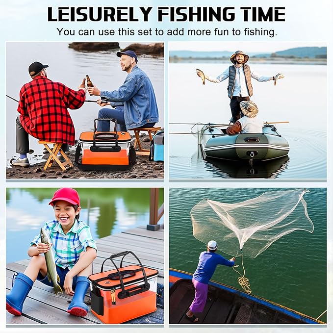 3 Pcs Fishing Bucket, Live Bait Aerator and Fishing Cast Net with Heavy Duty Sinker Foldable Live Bait Bucket Portable Quiet Aerator Fish Transport Container Outdoor EVA Bag