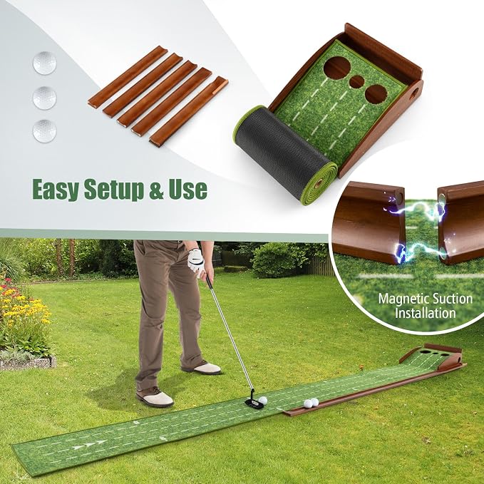 Tangkula 10 FT Golf Putting Green, 2/3-Hole Golf Putting Practice Mat with Auto Ball Return for Indoors & Outdoors, Alignment Guides & 3 Golf Balls, Mini Golf Game for Home and Office
