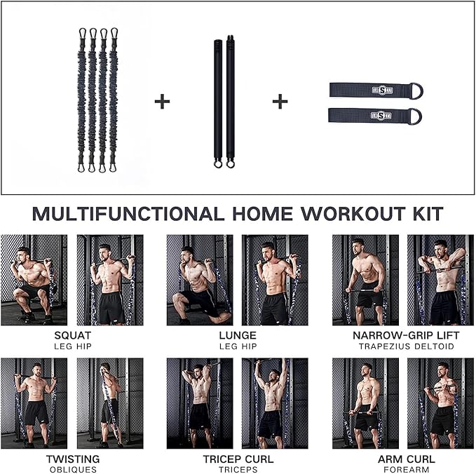 INNSTAR Portable Home Gym Set with Workout Bar, Bench Press Set, Squat Resistance Band, Door Anchor and More-Full Body Workout Equipment to Build Muscle and Shape Body