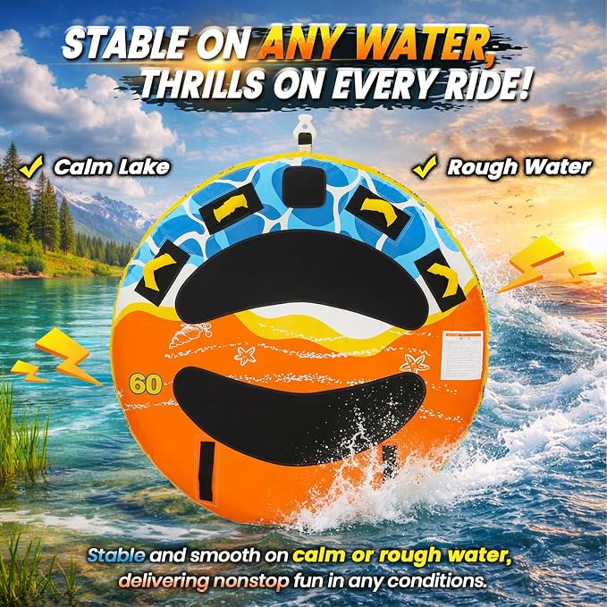 Heavy-Duty Towable Tube for Boating, Boat Tubes with Nylon Cover, Inflatable Water Sport Towables with Front Back Tow Points, Super Round Design