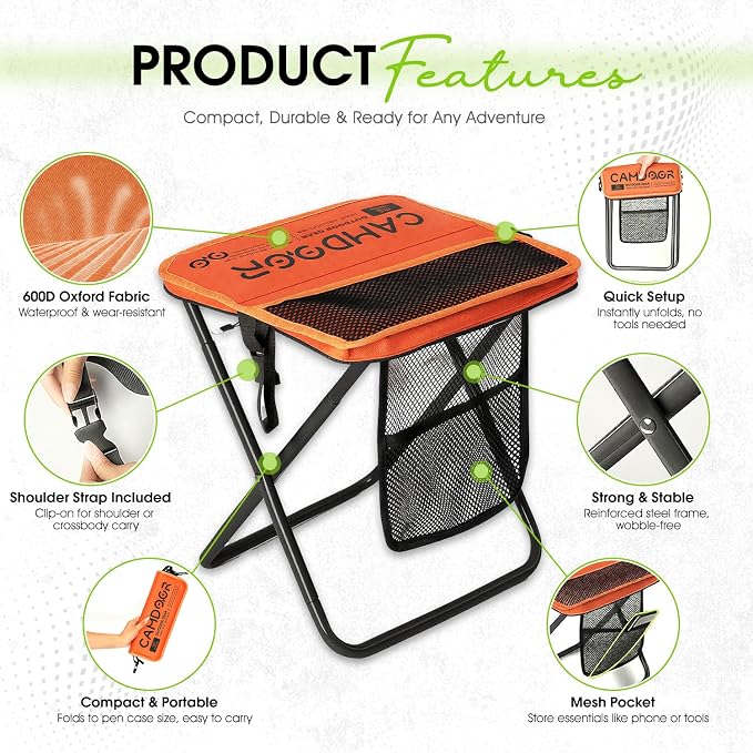 CAMDOOR Portable Collapsible Stool, 16″Folding Stool with 3 Side Pockets and Shoulder Strap, Extra Large Camping Chair Supports 400 lbs, Ultralight Portable Seat for Outdoor, Hiking, Fishing