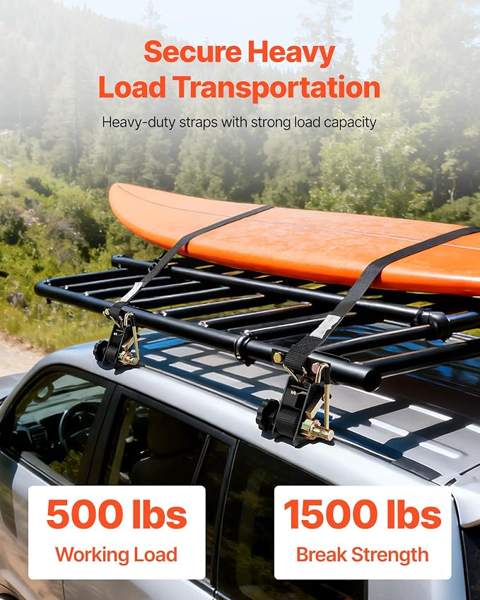 VEVOR Ladder Rack Ratchet Straps, 2'' Black Round Tube Mount, 1.5'' Wide x 7.5' Long Black Ladder Rack Straps with Double J-Hooks, 500 lbs Load Heavy Duty, Cargo Buckle Lock Strap (4 Pack)