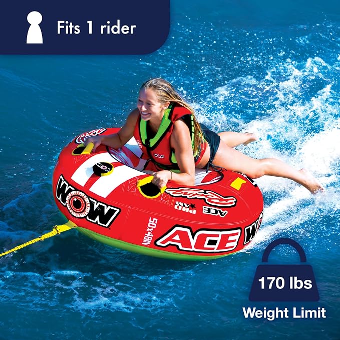 Wow Sports World of Watersports Ace Racing Boat Tube 1 Person Inflatable Towable Tube for Boating, 15-1120