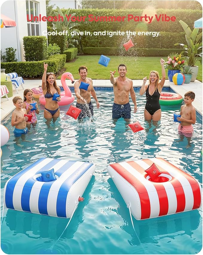 QPAU Inflatable Floating Cornhole Boards with 8 Water Bags, 3x2ft Corn Hole Games for Adults & Kids (Age 6+), Portable Cornhole Set for Swimming Pool, Pool Toss Game for Lake, Beach (with Hand Pump)
