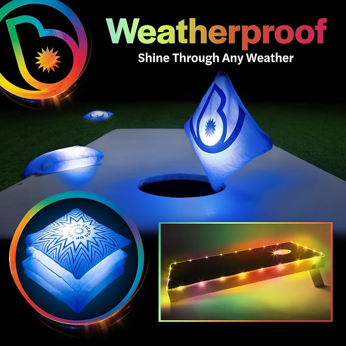Brightz Cornhole Board Edge Lights with LED Bags - Includes 4-Pack of LED Cornhole Bags + TossBrightz Cornhole Board Edge Lights - The Ultimate Night Time Cornhole Master Set