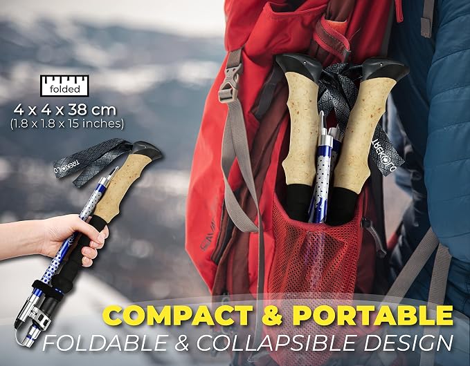 TREKOLOGY Trek-Z Collapsible Hiking & Trekking Poles -100cm-120cm (Blue) Adjustable Length - Bundle with 8 pcs of Rubber Pole Tip - Perfect Set for Hikers, Backpacker - Walking Stick for Camping