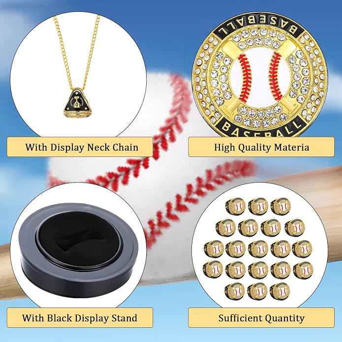 Highergo 20 Pcs Baseball Softball Basketball Football Champion Rings with Display Neck Chain and Stand Volleyball Soccer Cheer Trophy Rings Bulk for Tournament Award Gift