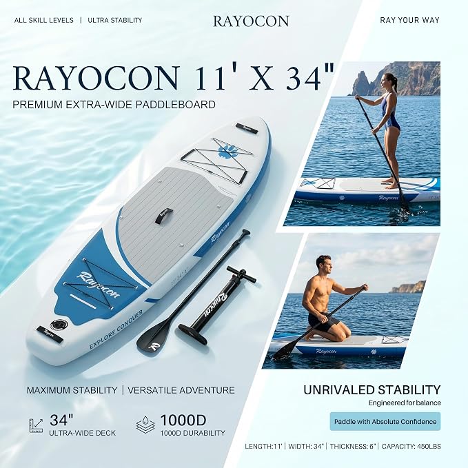 Inflatable Stand Up Paddle Board 11'×34" Extra Wide SUP, Ultra-Stable for Adults & Dog, 450lbs, Dual Chamber Pump, Fiberglass Paddle, Military Grade Dual Layer
