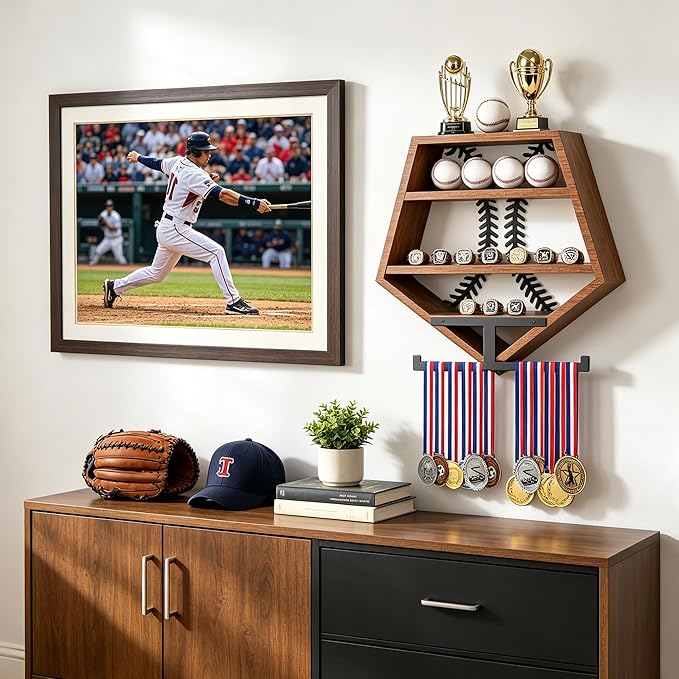 Baseball Ring Holder, Baseball Display Shelf, Soild Wood, Wall Mount Baseball Ring Holder for Balls, Trophy, Medals, and Memorabilia, Walnut Color