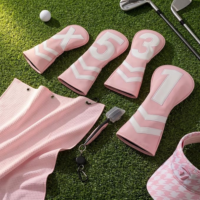 Liliful 6 Pcs Pink Golf Club Covers Set for Women, Pink V-Stripe Driver Fairway Wood Hybrid Headcovers, with Golf Towel Brush, Soft PU Leather, High Elastic Fit for Woman Ladies Gifts