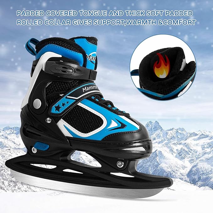 MammyGol Adjustable Ice Skates for Kids Youth Tean Hockey Lace-Up Boys or Girls Ice Skate for Beginner Age 4-12 Blue Black Teal Green