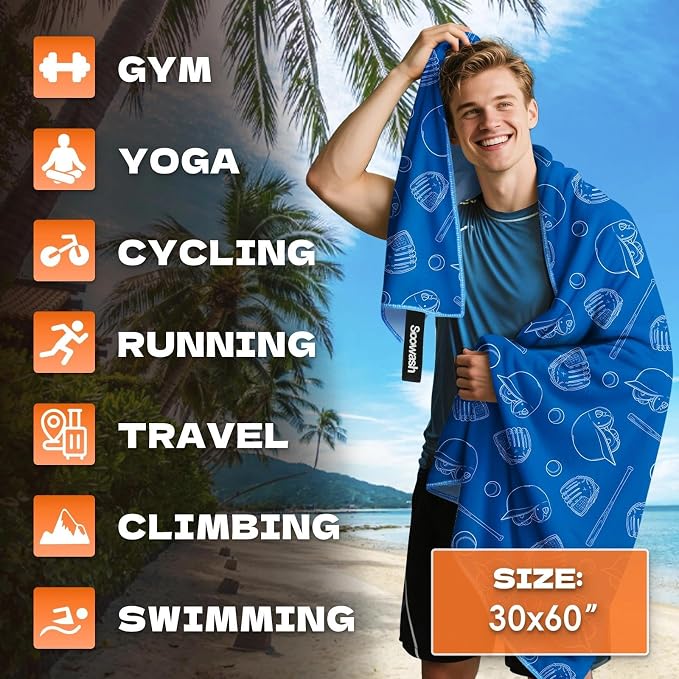 Microfiber Sweat Towel Quick Dry Lightweight Absorbent 2 Pack,Fast Drying 30‘’ X 60‘’ Negative Ions Odorless Gym Towels for Men & Women Yoga Gym Travel Outdoor Camping Beach (Marine Blue Hat)