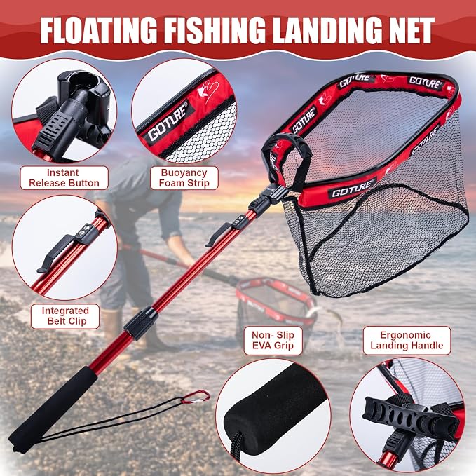 Goture Floating Fishing Net with Assist Handle, Aluminum Alloy Fixed or Telescoping Pole Handle, PVC Coated Nylon Mesh, Foldable Fish Landing Net, Carry Bag for Kayak, Fly, Bass, Trout Fishing