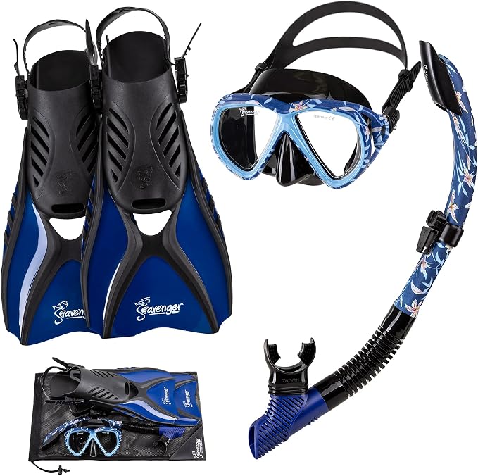 Seavenger Hanalei Anti-Fog 4-Piece Snorkeling Set with Soft-Flex Dry Snorkel, Adjustable Open-Heel Fins, Twin-Lens Mask, and Mesh Bag