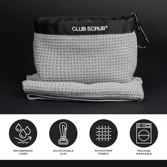 Club Scrub Towel Pro, Golf Club and Ball Cleaning Pouch with Attached Towel, Waterproof Exterior, Clean Face Technology Liner, Machine Washable, Cleans Club Grooves, Waffle-Weave Microfiber (Gray)