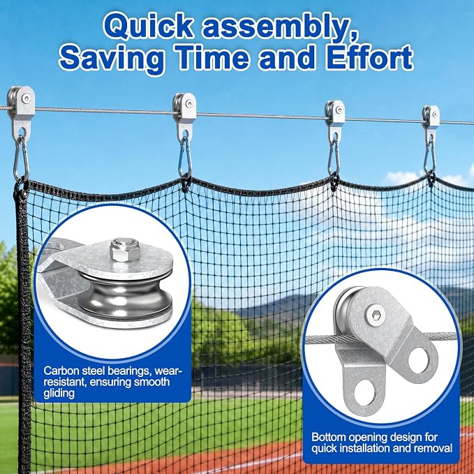 10FT Batting Cage Cable & 30 Pulleys & 30 Spring Hooks Kit, Heavy Duty Retractable Batting Cage Netting Net Wire Tension Hanging Kit, Batting Cage Frame for Indoor & Backyard, DIY Baseball