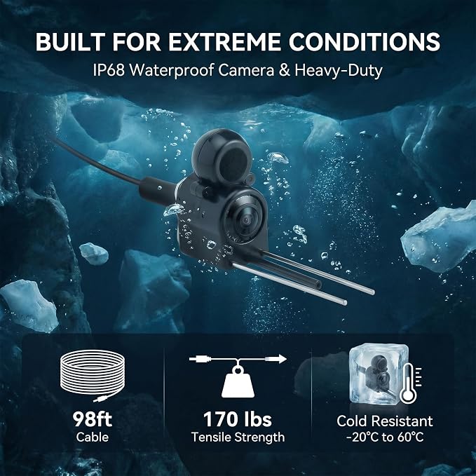 Portable Underwater Camera Fish Finder: 5 Inch IPS with 8000mAh Battery IP68 Waterproof Camera 220°Wide Angle for Lake & Murky Water | Depth Finder for Ice Fishing/Boats/Kayaks