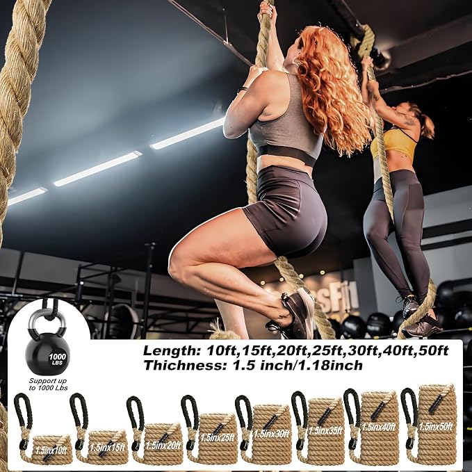 Climbing Rope Gym Exercise Ropes - 1.5 Inch Diameter 10FT 15FT 20FT 25FT 30FT 35FT 40FT 50FT Climb Rope for Fitness & Strength Training, Workout Climbing Rope for Adults Kids Home Indoor or Outdoor