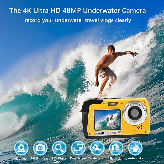 4K Underwater Camera, Full HD 4K&48MP Compact, 10FT Waterproof Camera for Snorkeling, Surfing, Rafting, Dual-Screen for Selfie/16X Digital Zoom/Fill Light/Support 128GB （Yellow）