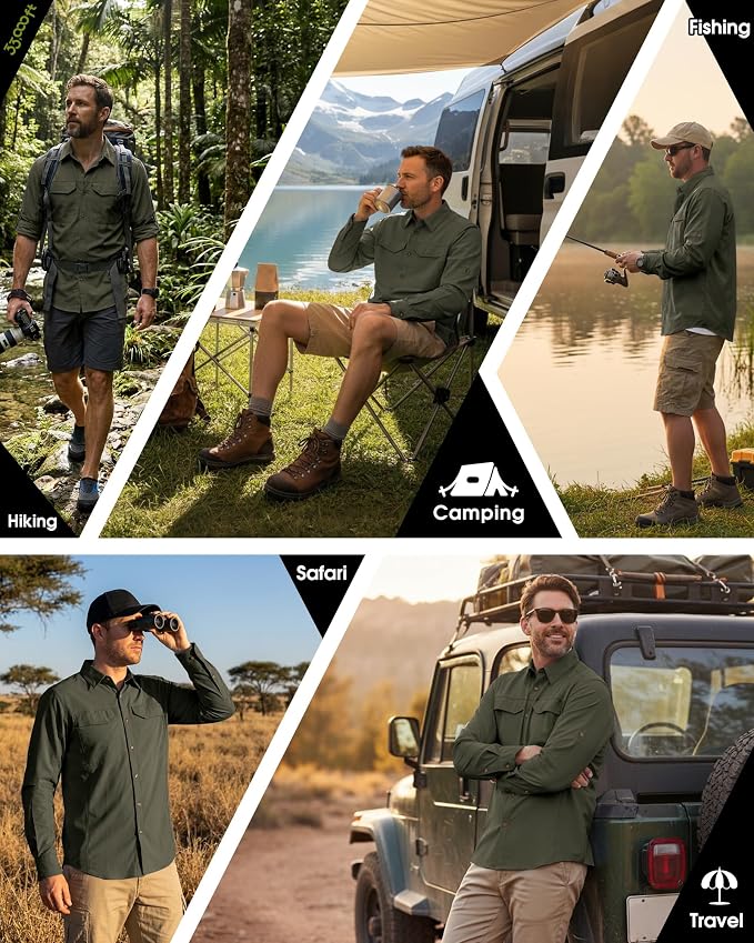 33,000ft Men's Long Sleeve Hiking Shirts Lightweight Quick Dry Sun Protection UV UPF 50 Fishing Shirt Outdoor Safari Travel