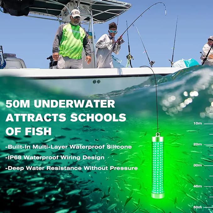 F3 Dimmable Green Underwater Fishing Light 110V&12V / 200W 20000LM Fish Light Attractants for Crappie Squid Shrimp Snook Bass at Night, with 5%~100% Brightness Dimmer(33FT Cable)