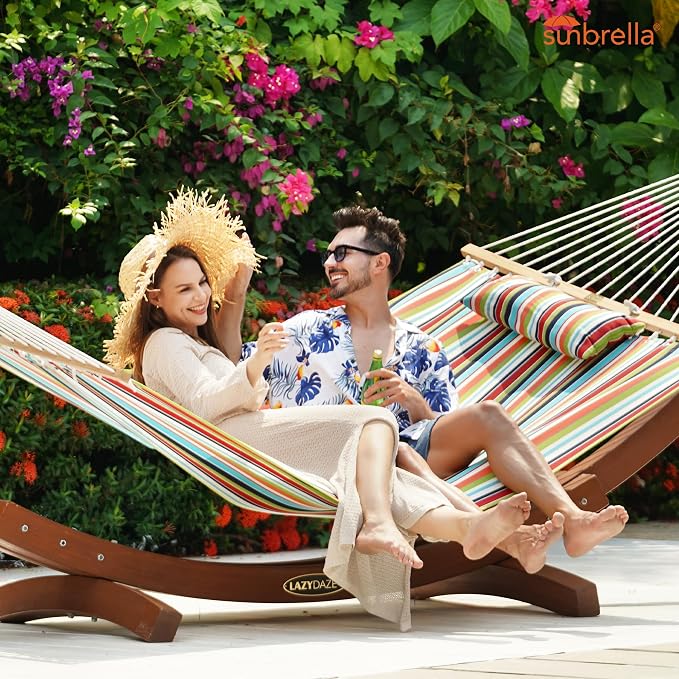 Lazy Daze Hammocks 12 FT Sunbrella Fabric Hammock Non-Fading with Spreader Bars and Free Pillow Fits for 2 Persons, All Weather and Fade Resistant for Patio Yard, 450 lbs Capacity, Carousel Confetti