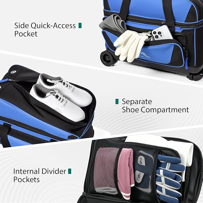 GoHimal Double Roller 2 Ball Bowling Bag with Separate Shoe Compartment for Bowling Shoes (Up To US Mens Size 15) and Oversized Accessory Pocket, Retractable Handle - Extends to 40"