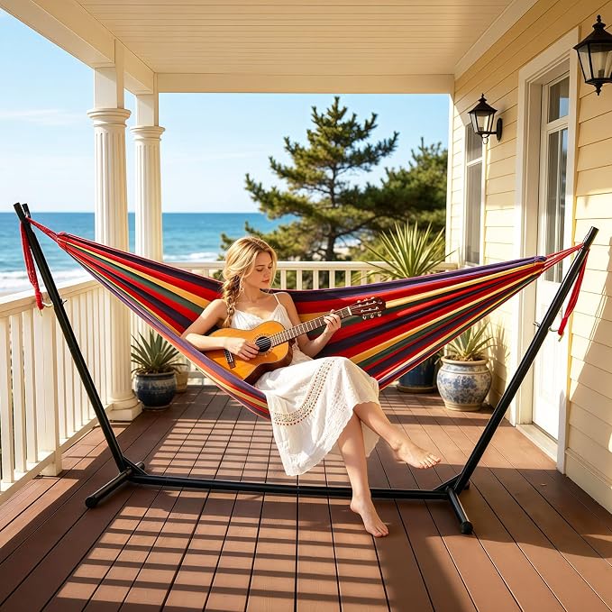Rainbow Hammock Cotton Hammocks Comfortable Fabric Hammock with Tree Straps for Travel Patio Garden, Hanging Sturdy Hammocks Up to 660lbs Indoor/Outdoor Portable Hamacas with Travel Bag（Rainbow）