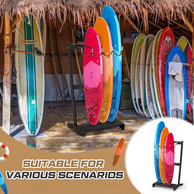 CroBlissful Surfboard Rack Freestanding Vertical Surf Board Stand for 4 Boards Bamboo Display Rack for Shortboard, Snowboard, Skateboard, Ski and Wakeboard