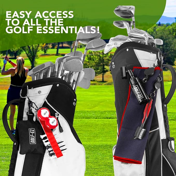Golf Essentials Kit | Must-Have Accessories – Water Brush, Towel, Club Brush, Ball Marker, Divot Repair Tool, Ball & Tee Holder, Golf Gifts for Men & Women