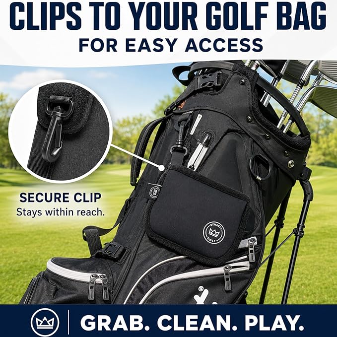 Golf Club and Ball Cleaner for Golf Bag, Clip-On Club and Ball Cleaner Pouch with Waffle Towel Interior, Wet Inside Dry Outside, Club and Ball Cleaner for Golf Bag Use On Course