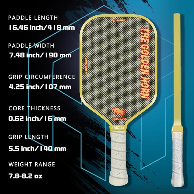 Pickleball Paddles, Carbon Fiber Pickleball Paddle High Grit & Spin with PP Honeycomb Core 16mm Thickness and Thermoformed Elongated Shape, Increased Power for Ultimate Spin & Consistency