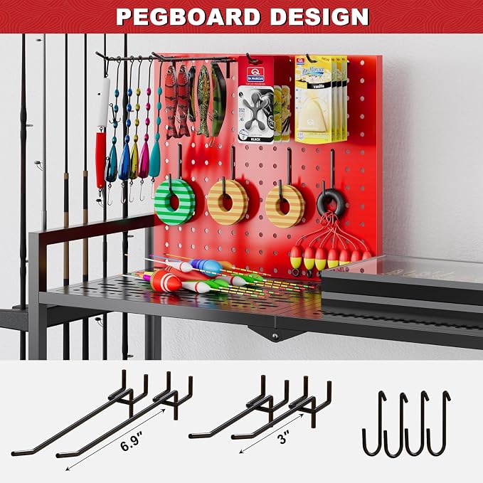 Fishing Rod Holders for Garage, Fishing Rod Stand with Wheels and Pegboard, 3-Tier Pole Storage Rack with 8 Hooks and 12 Rod Slots, Ideal for Tackle, Backpacks, and Gear Red