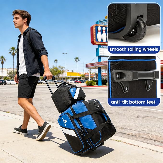 3 Ball Bowling Bags with Wheels, 2 Ball Bowling Bags Double roller with Single Ball Tote, Multi-Pockets & Shoe Compartment (Fits Up to Size 15).