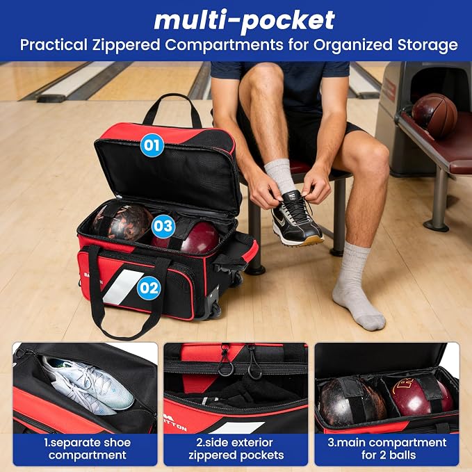 3 Ball Bowling Bags with Wheels, 2 Ball Bowling Bags Double roller with Single Ball Tote, Multi-Pockets & Shoe Compartment (Fits Up to Size 15).