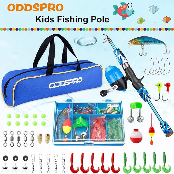 ODDSPRO Kids Fishing Pole - Portable Telescopic Kids Fishing Rod and Reel Combo Kit - with Spincast Fishing Reel Tackle Box for Girls, Youth