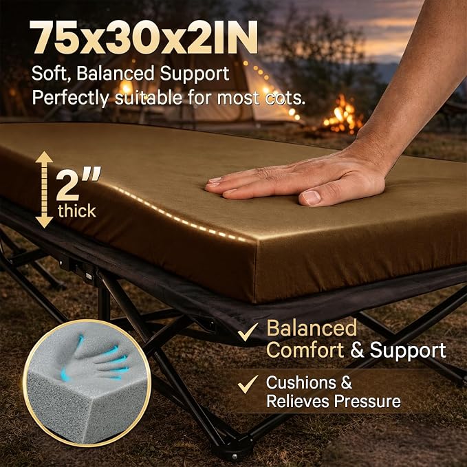 CYMULA Camping Cot Pad 2 Inch Memory Foam, Camping Pad for Folding Cot and Foldable Cot, Portable Roll Up Camp Gear for Car Camping Travel Tent, Non-Slip Waterproof Bottom, Removable Cover, Pad Only