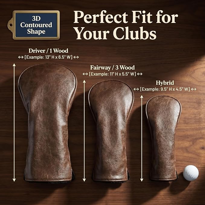 Golf Club Cover Vintage PU Leather Driver Headcover Fariway Wood Headcovers Hybrid Covers with Interchangeable Tags Golf Head Cover for Extra Club Protection