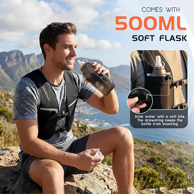 Running Vest for Women Men, Adjustable Chest Straps Running Hydration Vest for Marathon Jogging Trail Race Cycling Hiking, Lightweight Reflective Hydration Backpack with 500ml Soft Flask