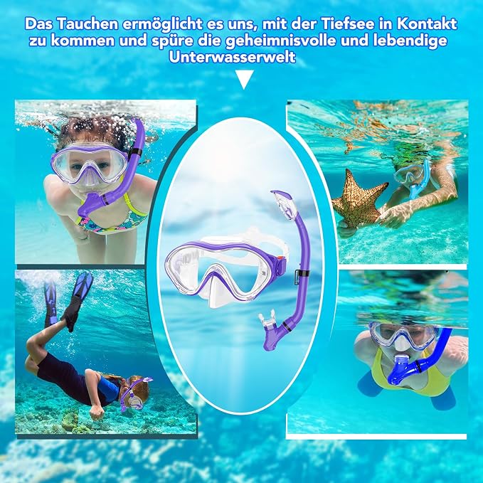 Snorkeling Gear for Kids with Foldable Silicone Full Dry Snorkel, Kids Snorkel Set Anti Leak Youth Junior Snorkeling Package Diving Mask Soft Tube with Mesh Bag Scuba Swimming Goggles