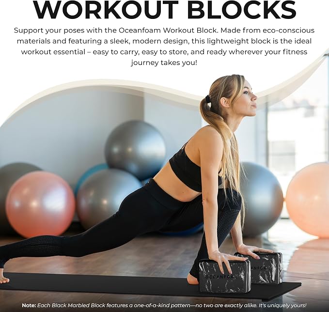 Oceanfoam Workout Block - High-Density Foam Exercise Block, Lightweight, Non-Slip for Stability & Support in Pilates, Yoga, Stretching & More - Algae-based EVA Foam, 9"x6"x4" (Black)
