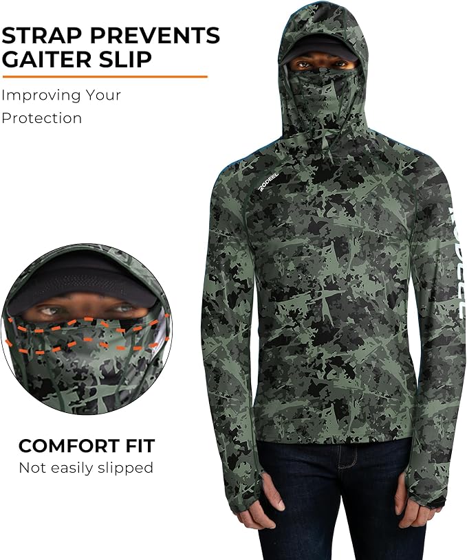 Rodeel Men's UPF 50+ Performance Fishing Hoodie, Long Sleeve Sun Protection Athletic Quick-Dry Breathable T-Shirt