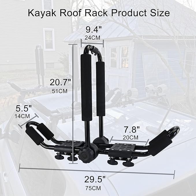 Folding Kayak Roof Rack J-Bar Adjustable | For Kayak/Canoe/SUP, Roof Mounting, SUV/Car/Truck Crossbars(23-krf-2)
