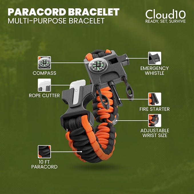 CloudTen Emergency Tent: Lightweight 2 Person Survival Tent with Multi-Function Paracord Bracelets - Essential Survival Gear & Bug Out Bag Items for Preppers, Hikers, Survivalists, Campers, Boy Scouts