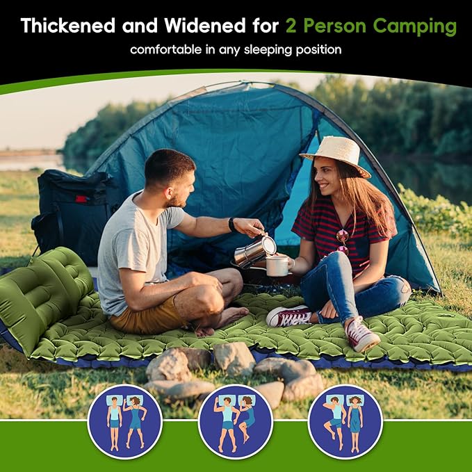 Double Sleeping Pad, Ultralight Self Inflating Camping Sleeping Pad for 2 Person with Pillow, Built-in Foot Pump, Portable Camping Mat for Backpacking, Hiking, Beach, Travel Tent