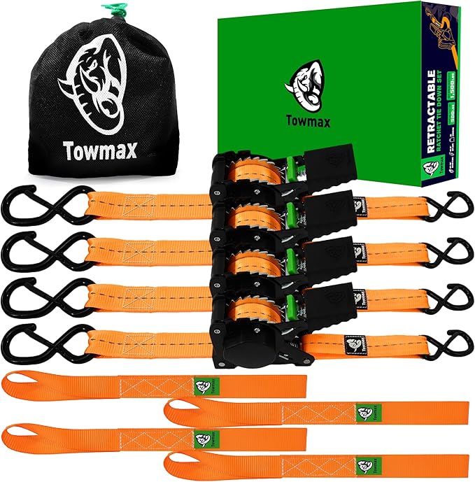 Retractable Ratchet Straps(4 Pack) - 1in x 10ft Self Retracting Ratchet Straps with Soft Loops, 1,500 lbs Break Strength Retractable Tie Down Straps, Easy Retract for Motorcyle, Cargo, Truck, Trailer