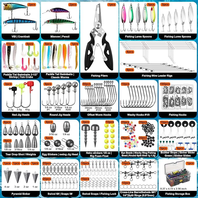 Fishing Lures Kit with Tackle Box, Pliers, Fish Gripper, Saltwater Freshwater Gear Set for Bass Trout, Hooks Weights Bobbers Rigs Leaders